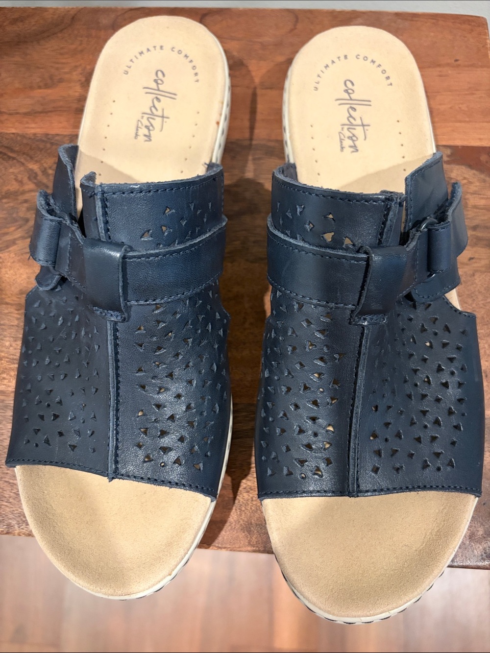 Clarks Navy Perforated Adjustable Slide Sandals